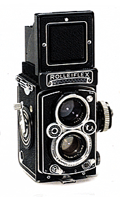 A Rolleiflex twin-lens reflex camera.