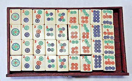 Colorful Chinese Mahjong Set with Tiles, Dice and Counters on